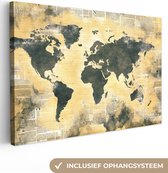 Canvas Wereldkaart - 90x60 - Wanddecoratie Wereldkaart - Gouden - Kranten