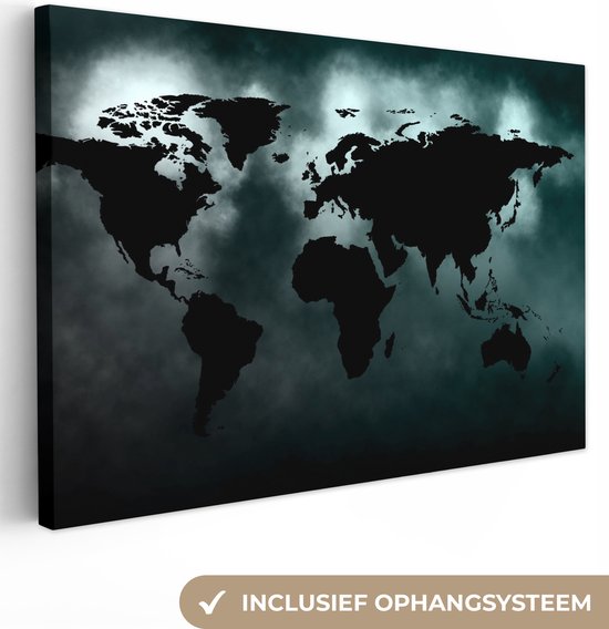 Canvas Wereldkaart - 120x80 - Wanddecoratie Wereldkaart - Zwart - Wit