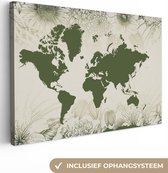 Canvas Wereldkaart - 120x80 - Wanddecoratie Wereldkaart - Bloemen - Groen