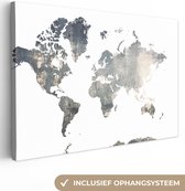Canvas Wereldkaart - 180x120 - Wanddecoratie Wereldkaart - Blauw - Hout
