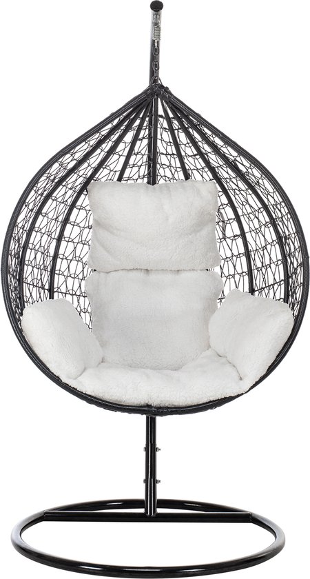 Aemely Hangstoel Cosy 001 - Teddy wit - frame zwart - Hangstoel met standaard - Hangstoel voor binnen - Hangstoel voor buiten - Egg hangstoel - Hangstoel cocoon - Incl. Kussens - Ei stoel - Eistoel