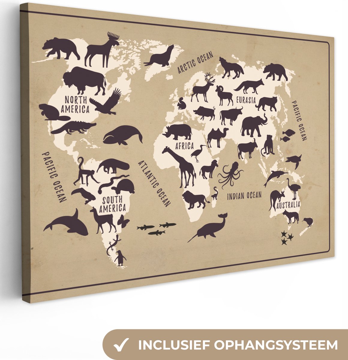 Murando Prikbord Wereldkaart – 90x60 Cm – Canvas Op Kurk – Houten Frame – Wanddecoratie – Voor Reizigers – Met Pinnen – Handgemaakt