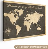 Canvas Wereldkaart - 60x40 - Wanddecoratie Wereldkaart - Kompasroos - Quote