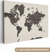 Canvas Wereldkaart - 90x60 - Wanddecoratie Wereldkaart - Bruin - Hout