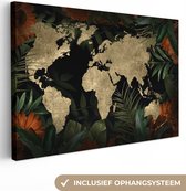 Canvas Wereldkaart - 90x60 - Wanddecoratie Wereldkaart - Vintage - Bladeren