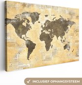 Canvas Wereldkaart - 60x40 - Wanddecoratie Wereldkaart - Krant - Gouden