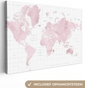 Canvas Wereldkaart - 60x40 - Wanddecoratie Wereldkaart - Roze - Marmer
