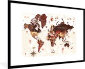 Wereldkaart avec noms de pays et illustrations diverses en couleurs rouge foncé et marron 90x60 cm
