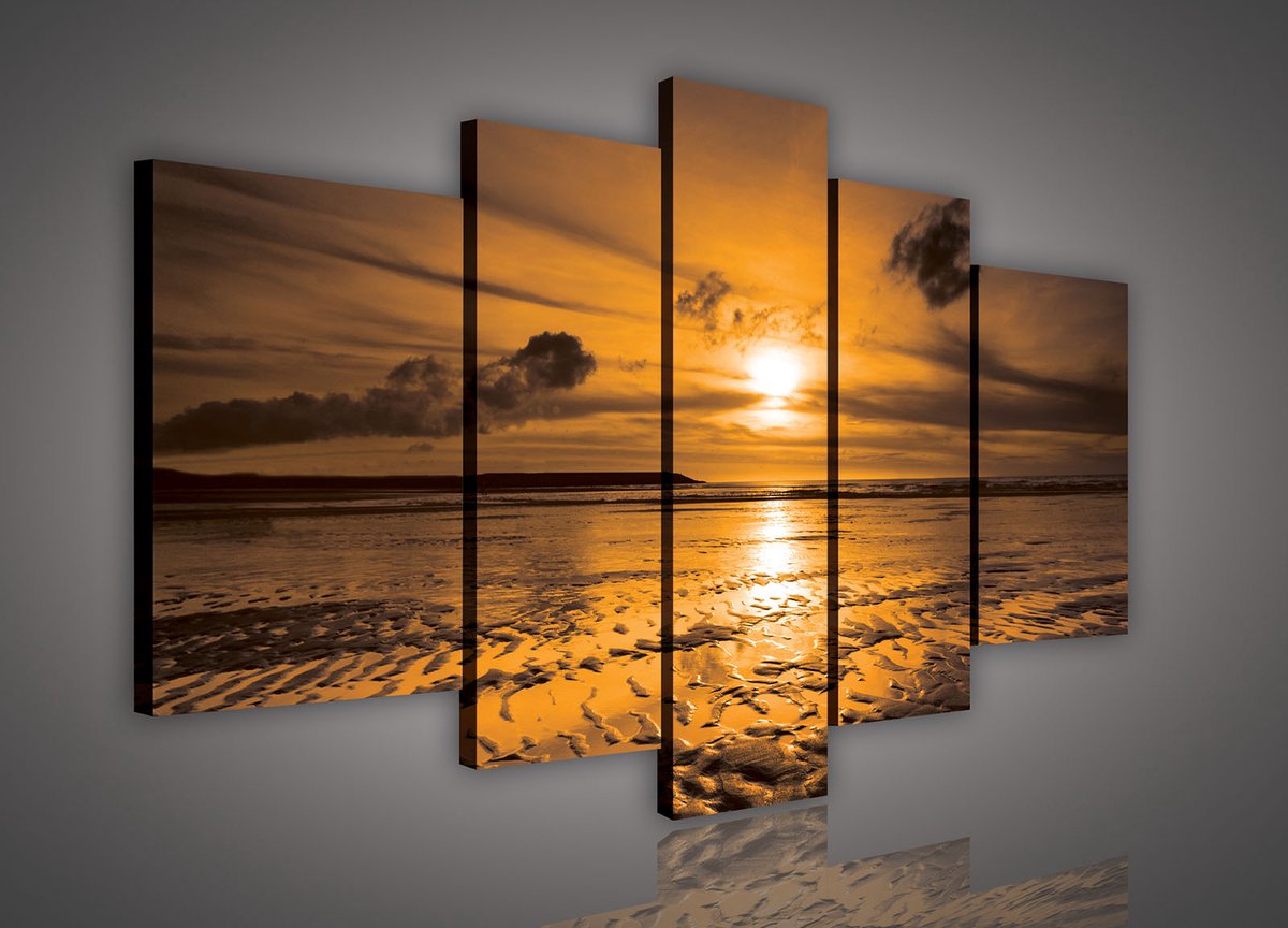 Canvas Schilderij - Zonsondergang - Strand - Wolken - Zon - Zee - Inclusief Frame - 170x100cm (lxb) - 5 Luiks - Geel