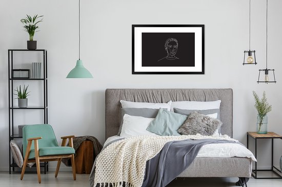 Photo dans le cadre - l' art Line visage féminin émotionnel sur un cadre photo fond noir noir avec monture 60x90 90x60 cm - affiche dans le cadre (Décoration murale salon / chambre à coucher)