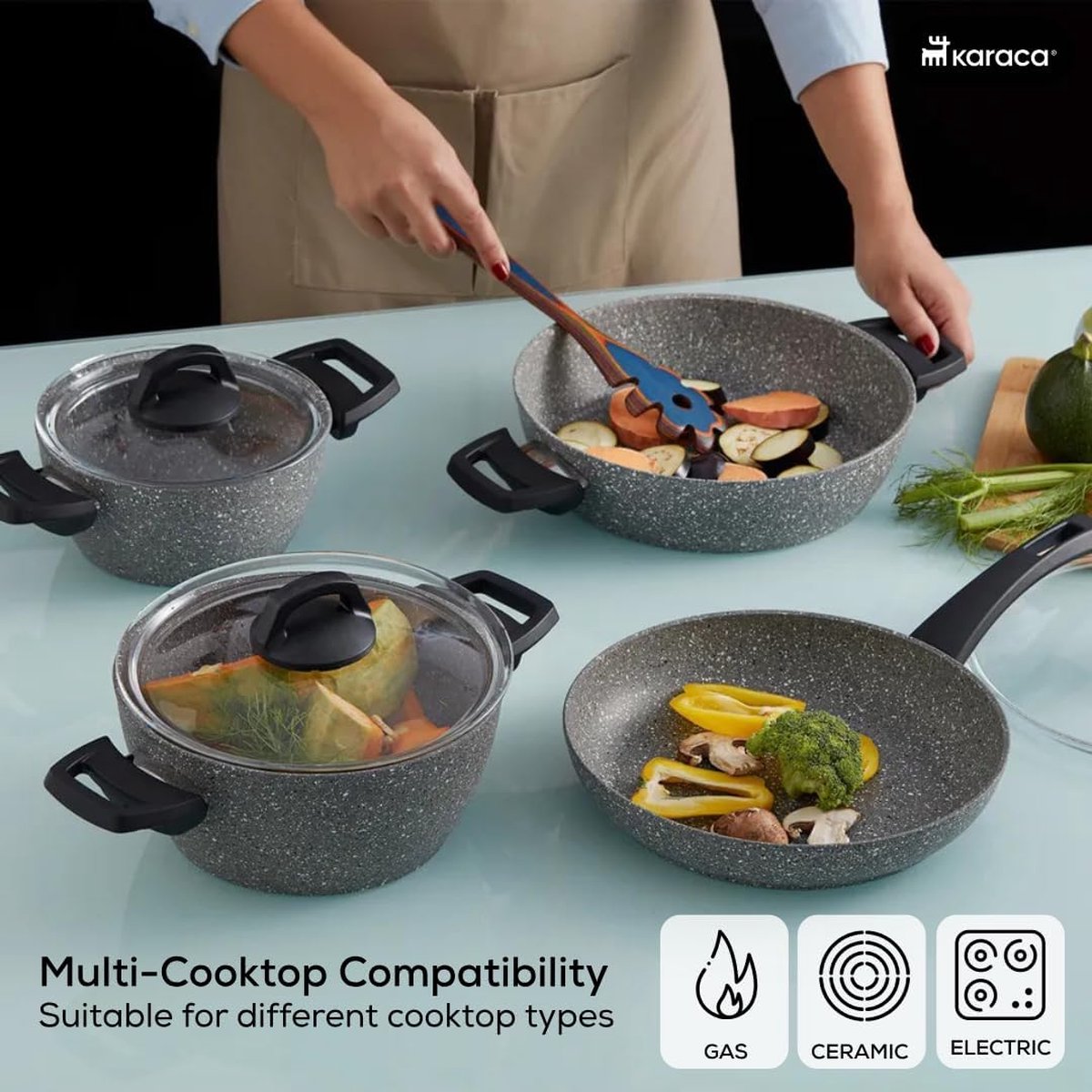 Cocotte Et Poêle Induction 7 Pièces Florosa Set De Cuisine Florosa 7 Pièces En Céramique Granit Noir - Casseroles Et Poêles Antiadhésives - Compatible Induction Set Batterie Cuisine Saine Sans PFOA