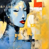 JJ-Art (Aluminium) 60x60 | Vrouw gezicht abstract, modern surrealisme, kunst | blauw, geel, goud, rood, bruin, vierkant, mens, modern | foto-schilderij op dibond, metaal wanddecoratie