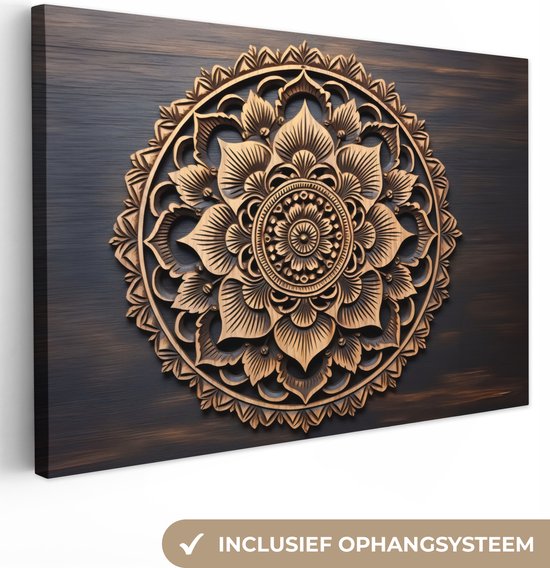 Canvas Schilderij Mandala - Hout - Bloemen - Bruin - 120x80 cm - Wanddecoratie