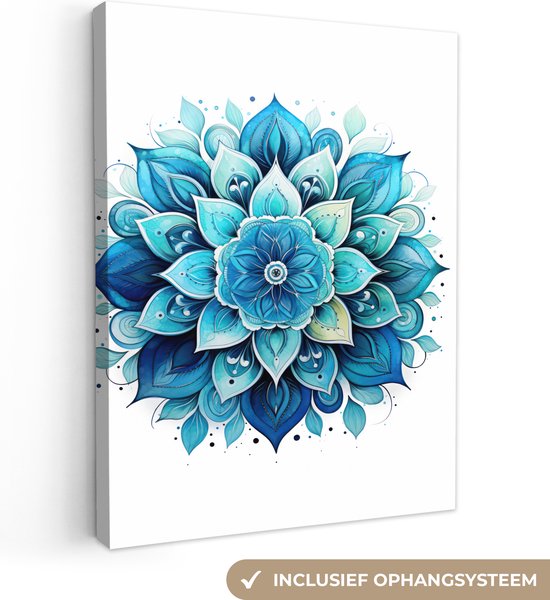 Canvas Schilderij Mandala - Blauw - Wit - Bloemen - Wanddecoratie