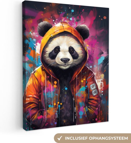 Canvas Schilderij Panda - Jas - Graffiti - Oranje - Wanddecoratie