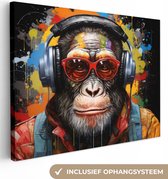 Canvas Schilderij Chimpansee - Aap - dieren - Graffiti - Bril - Koptelefoon - Kleuren - 80x60 cm - Wanddecoratie
