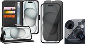 Hoesje geschikt voor iPhone 15 Plus - Privacy Screenprotector FullGuard & Camera Lens Screen Protector - Book Case Leer Pasjeshouder Zwart