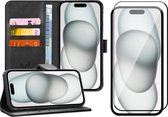 Hoesje geschikt voor iPhone 15 Plus - Screen Protector FullGuard - Book Case Leer Pasjeshouder Zwart & Screenprotector