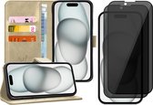Hoesje geschikt voor iPhone 15 - 2x Privacy Screen Protector FullGuard - Book Case Leer Pasjeshouder Goud & Screenprotector