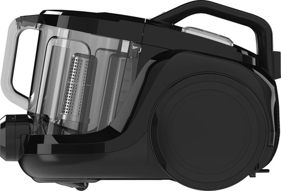 Aspirateur noir avec réservoir à poussière transparent, vu de côté.