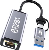 Adaptateur Ethernet Réseau USB-C / USB-A vers Lan AdroitGoods - 10/100/1000 Mbps - Internet - Grijs