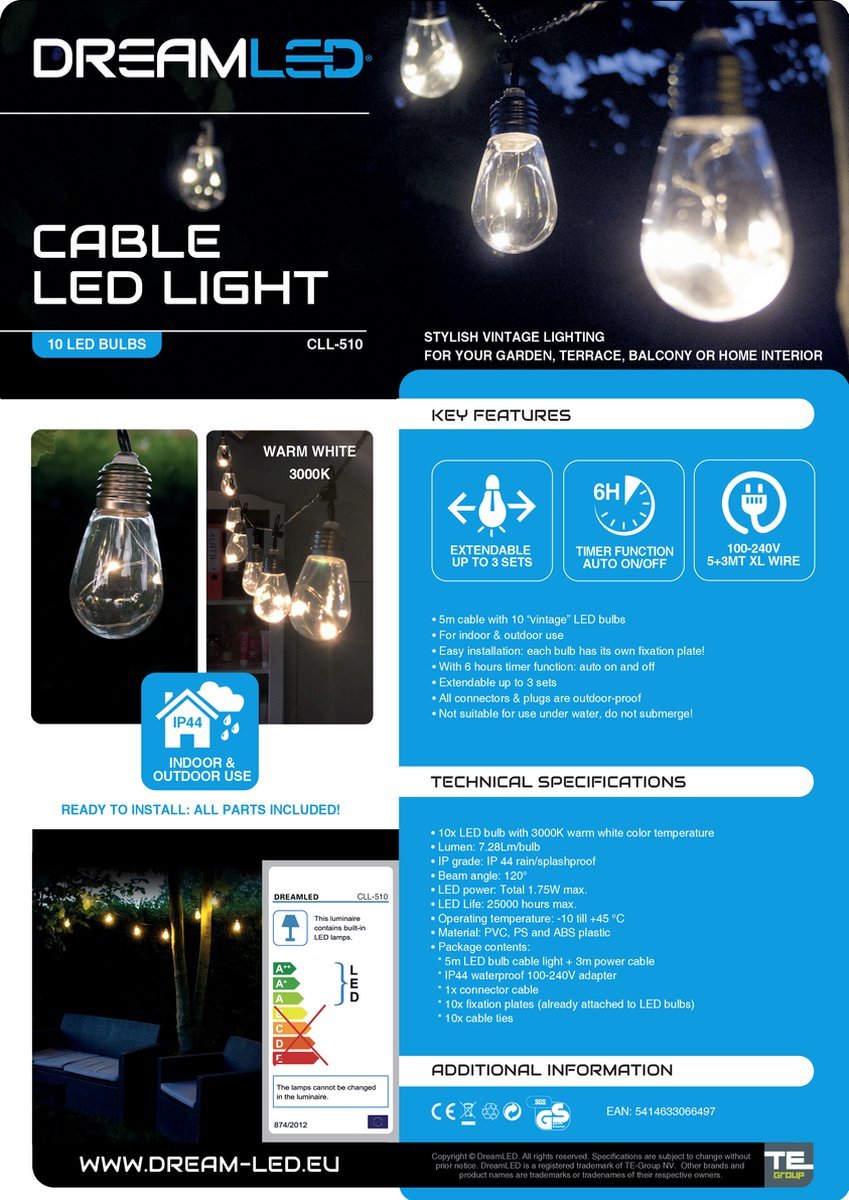 DreamLED Vintage Verlichting - 10 LED Lampen - 5m + 3m Stroomkabel (CLL)510)
