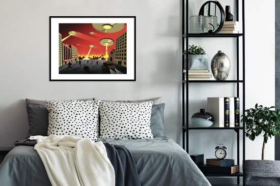 Image encadrée - Une illustration d'OVNIS attaquant un cadre photo de ville noir avec passe-partout blanc 80x60 cm - Affiche encadrée (Décoration murale salon / chambre)