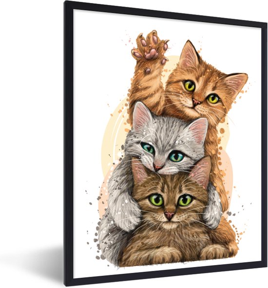 PosterMonkey - Poster - Fotolijst - Kittens - Katten - Dieren - Tekening - Kader - Foto in lijst - 60x80 cm - Poster frame - Poster kat - Foto met lijst - Kamerdecoratie