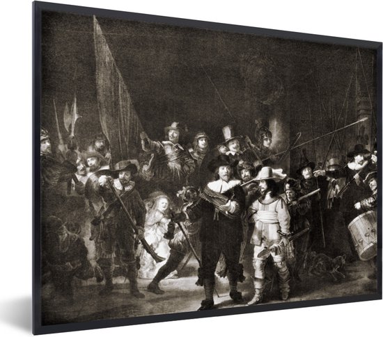 Fotolijst incl. Poster - De Nachtwacht in zwart-wit - Rembrandt van Rijn - 80x60 cm - Posterlijst