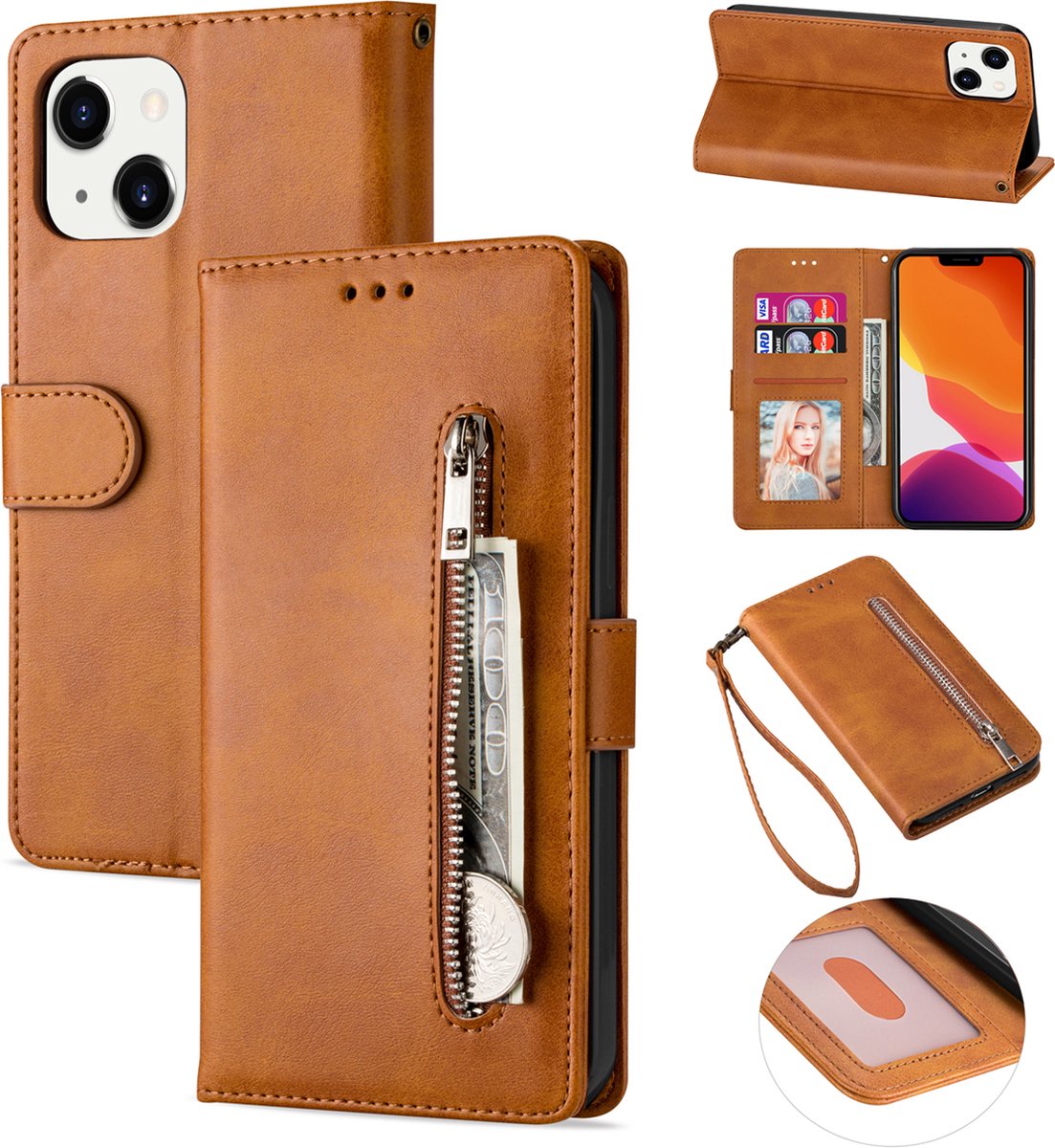 Luxe Apple iPhone 15 Pro Telefoonhoesje - Hoogwaardig Leer - Pasjeshouder - Cognac Bruin