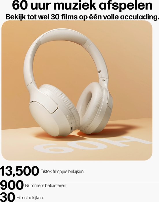 Lichte over-ear koptelefoon met een tekst die 60 uur muziek afspelen en 30 films bekijken aangeeft.