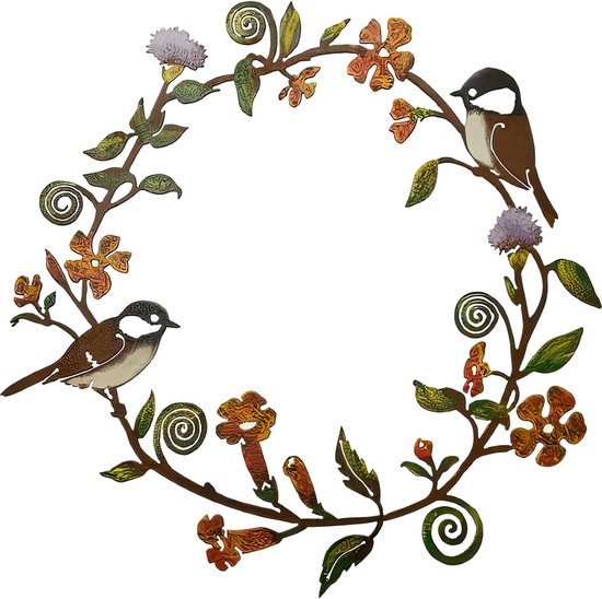 Couronne De Porte Décorative En Métal - Style Rustique Avec Feuilles, Fleurs Et Oiseaux - 30 Cm - Coloris Rouille - Pour Intérieur/extérieur