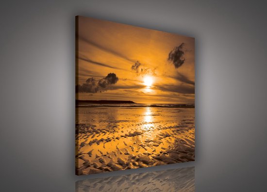 Canvas Schilderij - Zonsondergang - Strand - Wolken - Zon - Zee - Inclusief Frame - (lxb)