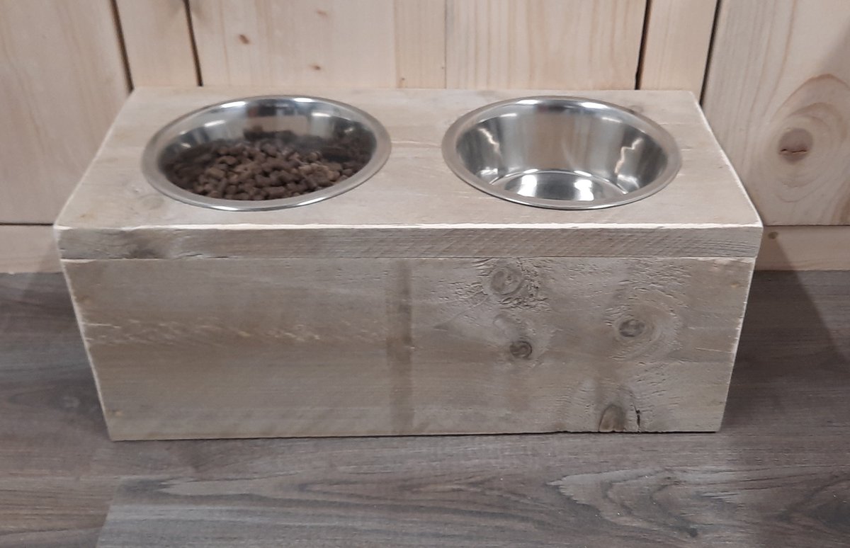 Houten honden voerbak en drinkbak “Dommel” - gebruikt steigerhout - voor de hond
