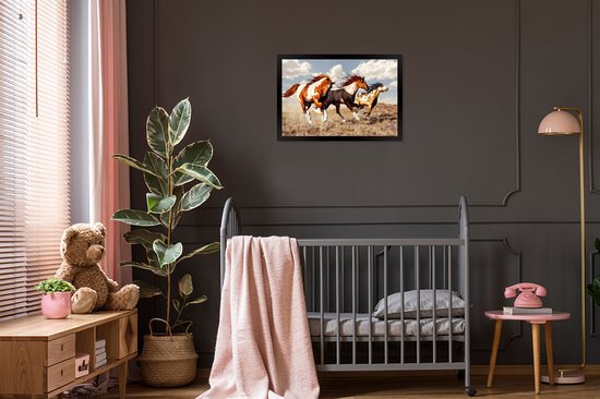 Affiche avec cadre Paarden - Animaux - Herbe - Fourrure - 60x40 cm