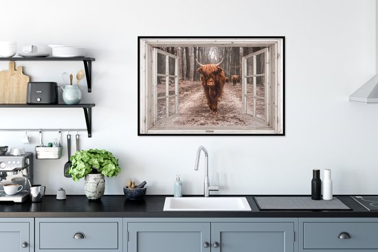 Affiche avec cadre Transparent - Highlander écossais - Fenêtre - 90x60 cm