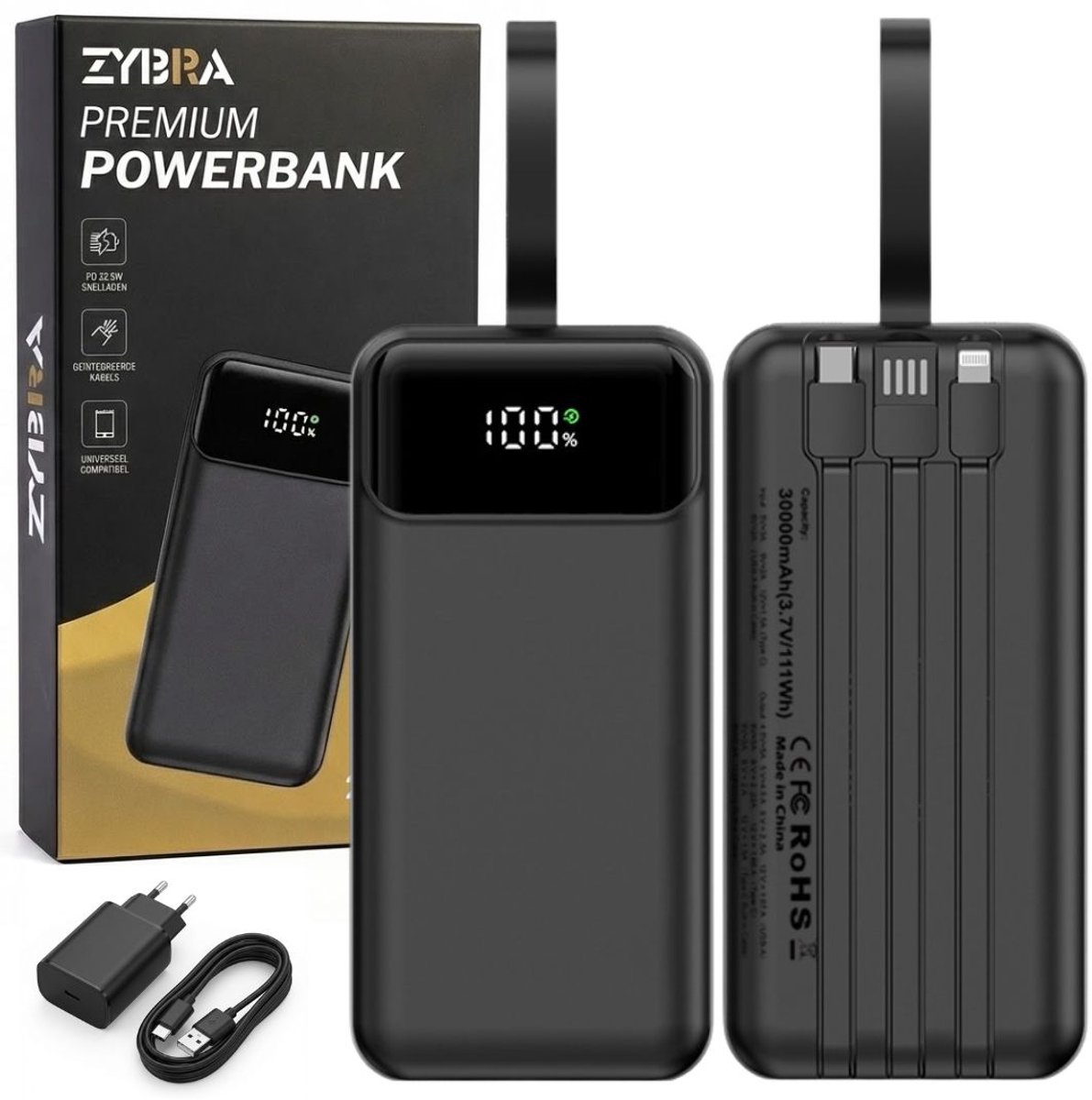 Zybra® Powerbank 30000 mAh – Powerbanks 22.5W Snellader - USB-A/USB-C/IOS - LED Indicatie - Universeel - Ingebouwde kabels - Noodpakket