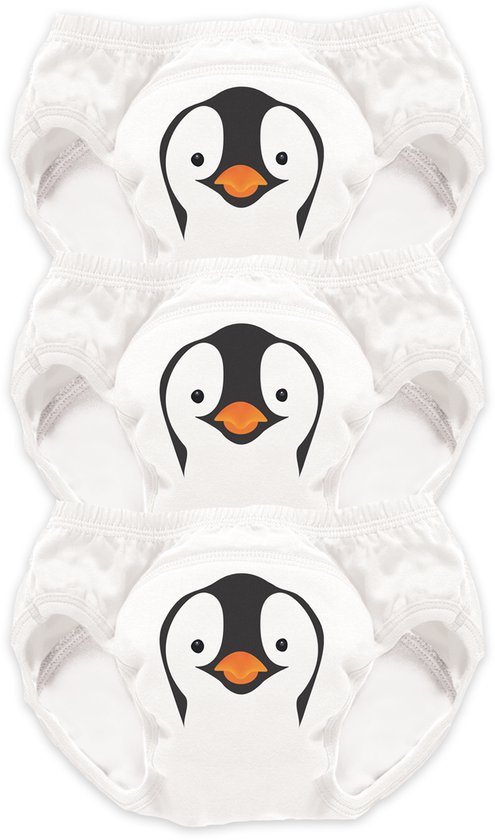 Wit oefenbroekje met pinguïnprint. Elastische tailleband en beenopeningen.