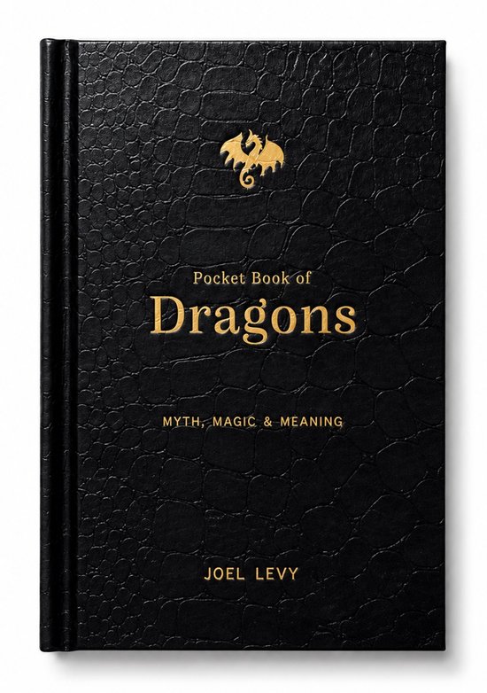Zwarte kaft van het boek 'Pocket Book of Dragons' met goudkleurige draak en titel.