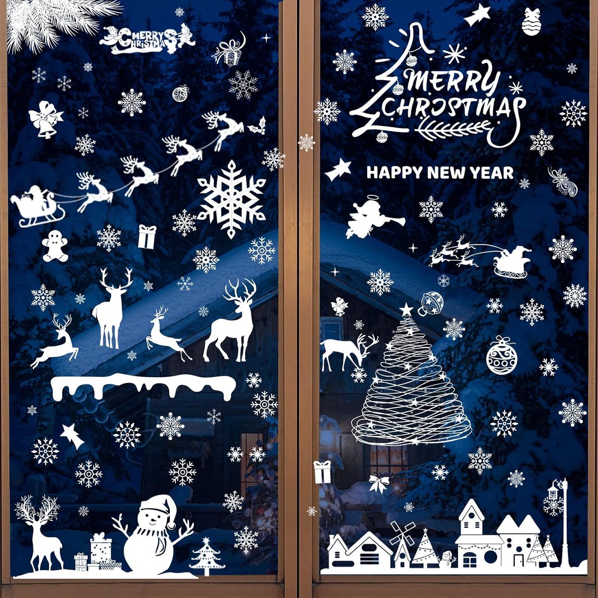 Raamstickers, Kerstmis, raamdecoratie, sneeuwvlokken, raamdecoratie voor deuren, raamdecoratie met kerstman voor Kerstmis (B)