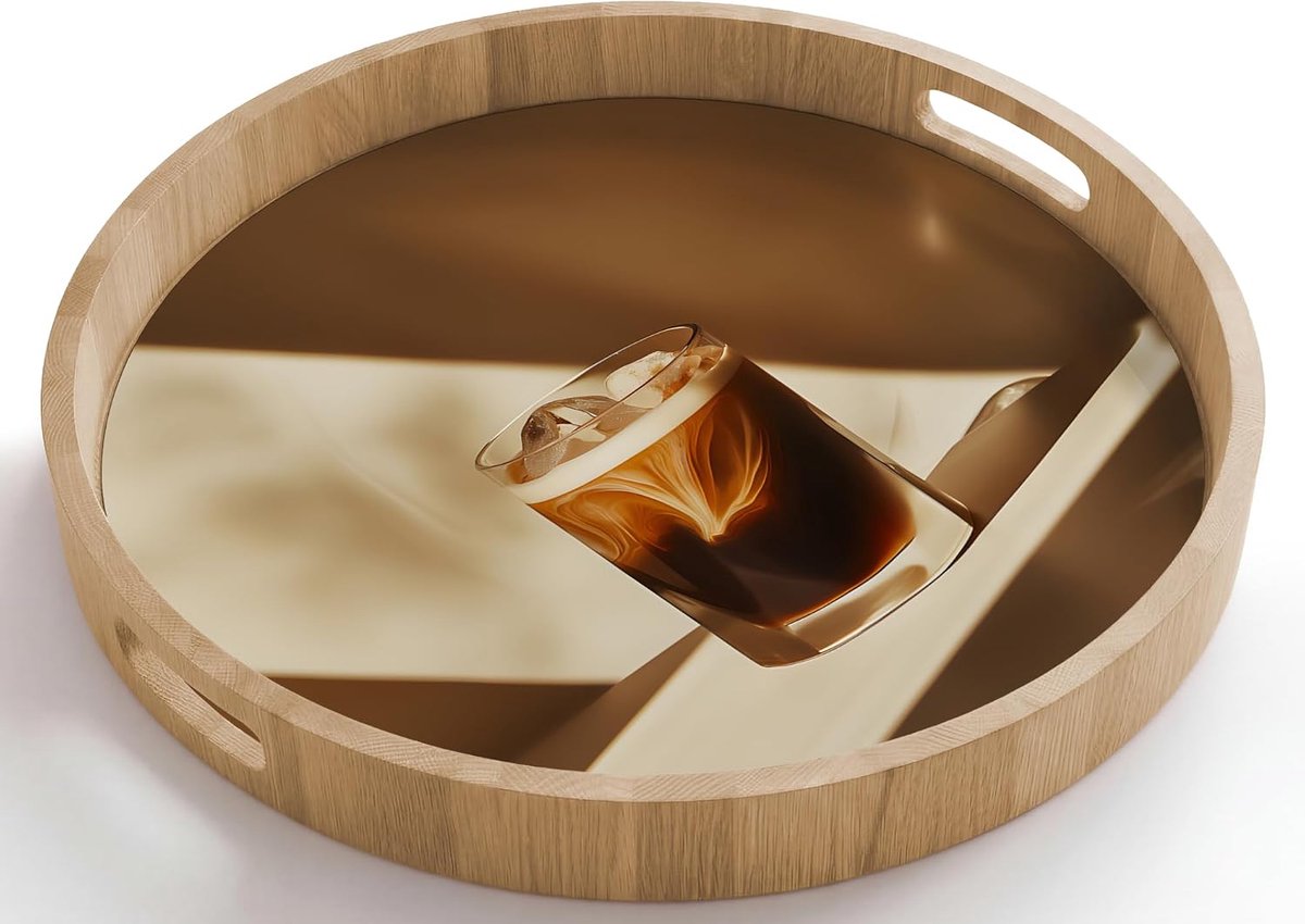Dienblad Rond 50x50 cm Houten Serveerblad Met Handgrepen Gelakt Eikenhout Krasbestendig Hittebestendig Ontbijt Koffie Thee Eten Glas - Ijskoffie - Schaduw - Bruin