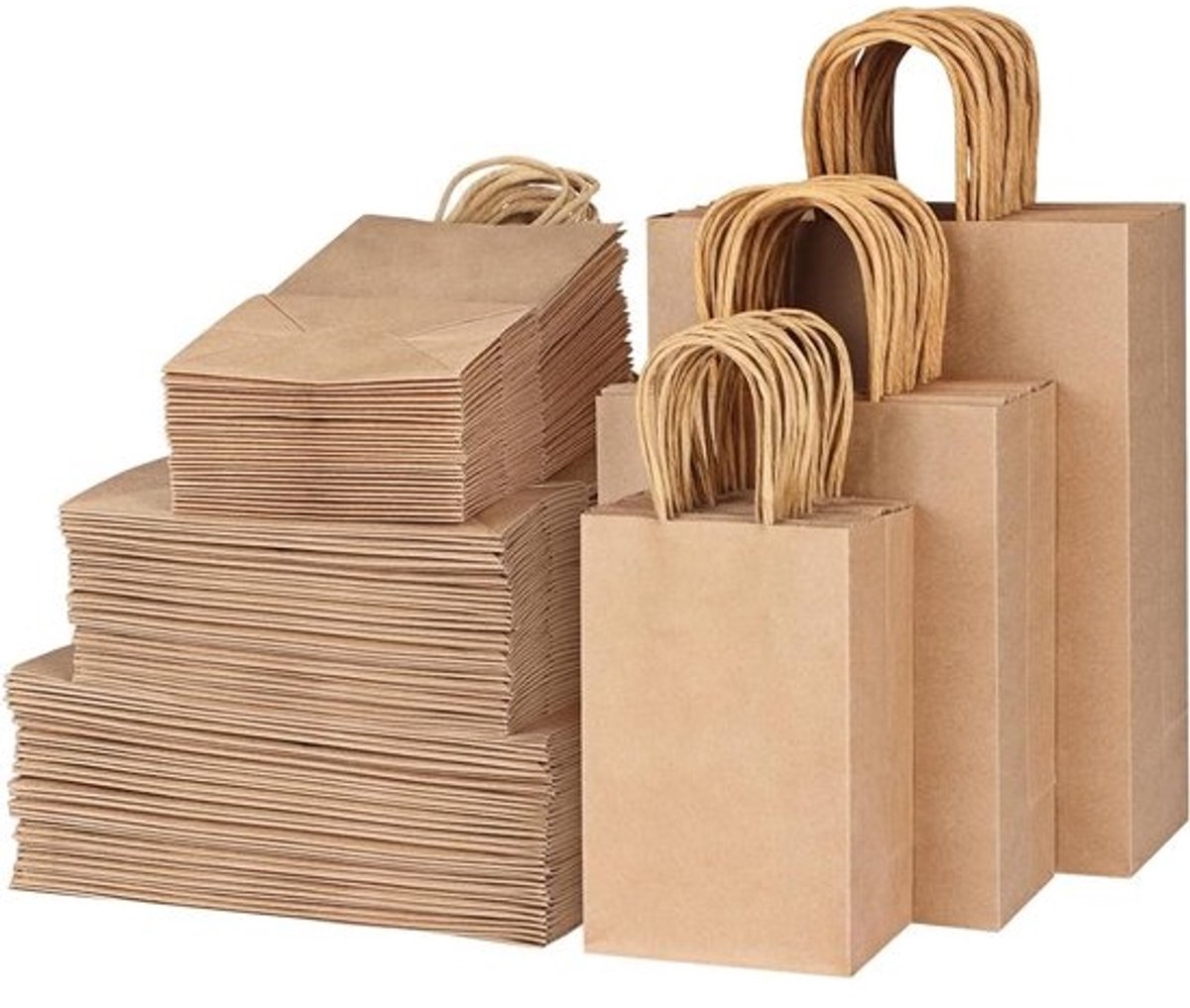Papieren Zakken - Kraftzakken Cadeautassen - Winkelen en Cadeaus - 150 stuks 3 maten - 120 g/m² - Bruin