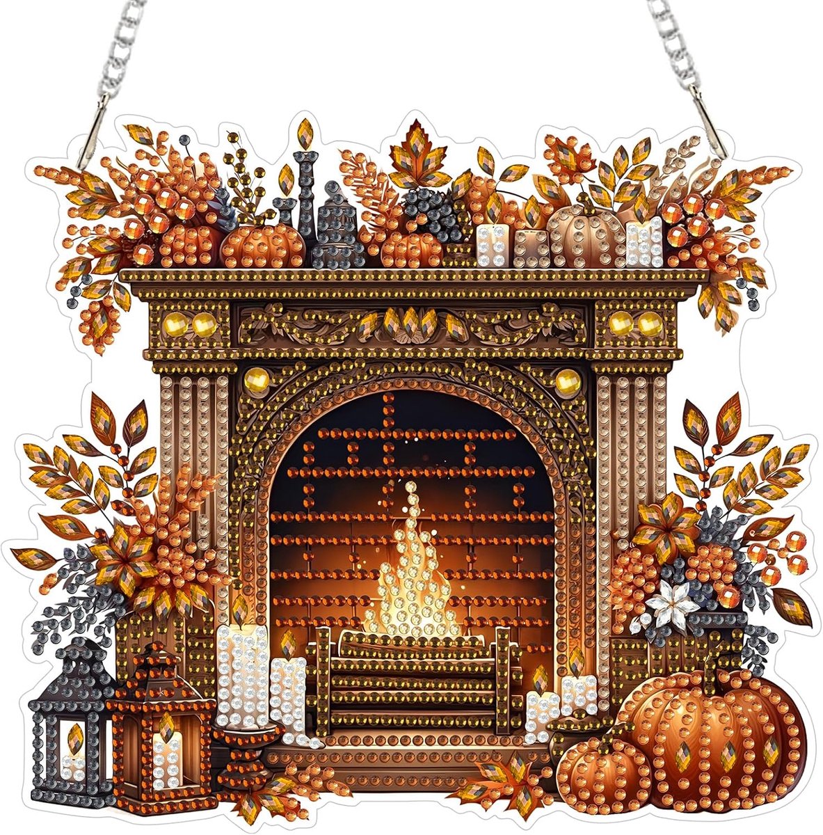 5D Herfst Diamond Painting hanger, diamantschilderij met ketting, voor kinderen en volwassenen, pompoen, diamantschilderij, raamafbeeldingen, hangend ornament, knutselset voor muur en entree