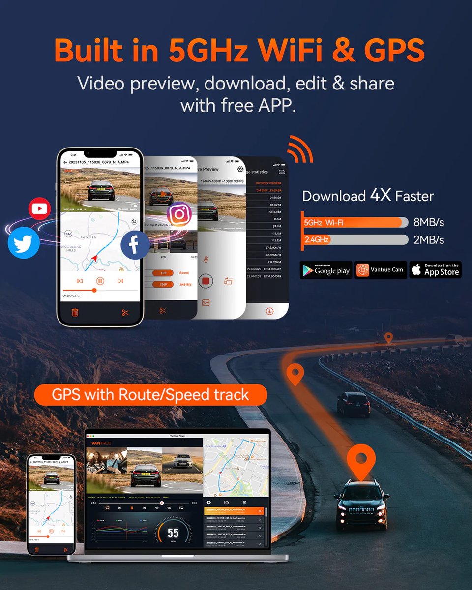 VANTRUE E3 3-kanaals 2.7K WiFi-dashcam – met GPS, spraakbesturing, STARVIS-sensor, infrarood nachtzicht, 24-uurs gebufferde parkeermodus, 3-weg opname (1944P + 1080P + 1080P) voor en achter, ondersteunt max. 512GB thumbnail 3