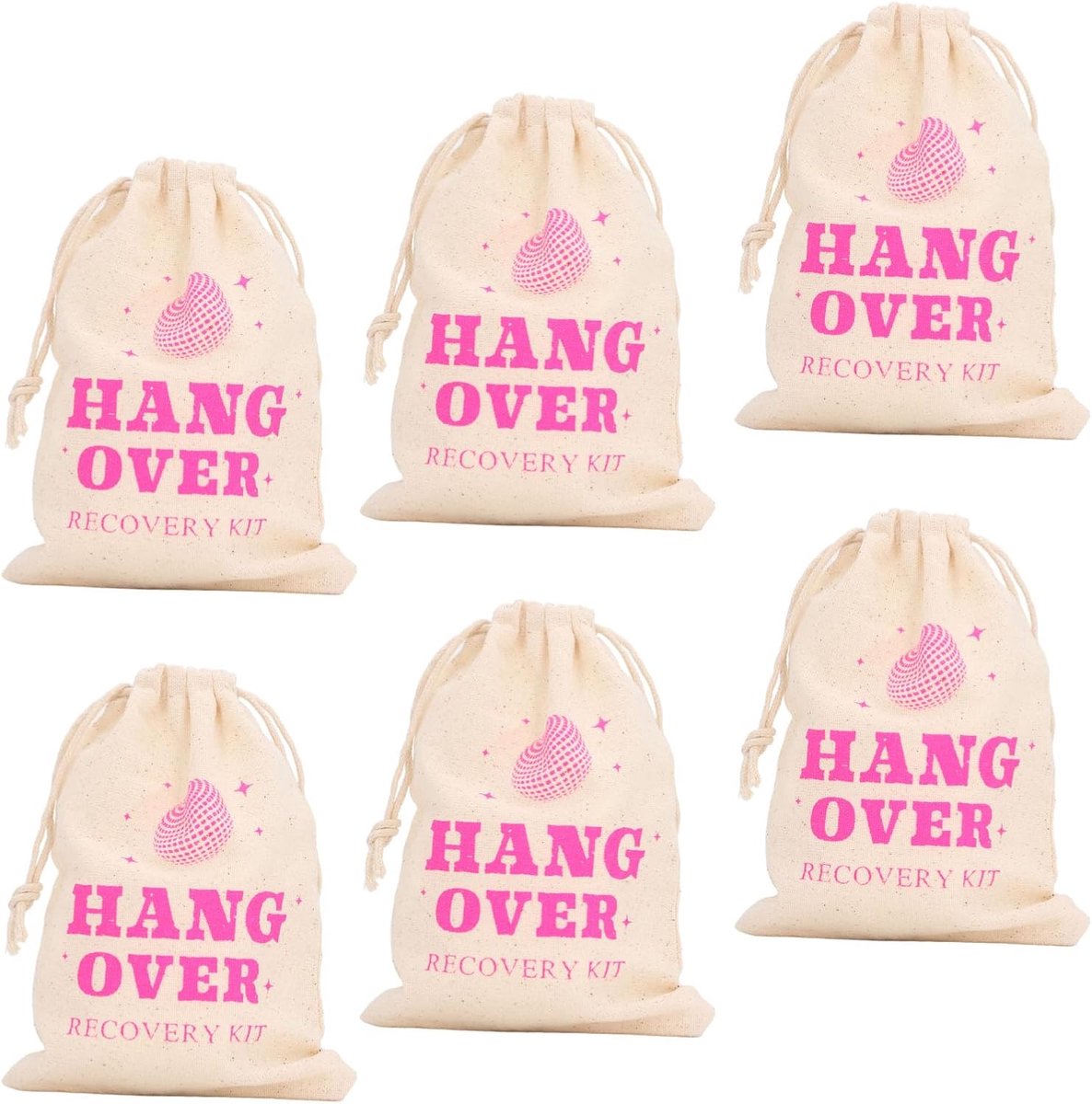 6 Pack Vrijgezellenfeesttassen met Trekkoord, Vrijgezellenfeestcadeauzakjes Linnen Trekkoordzakjes voor Bruidsdouche, Vrijgezellenfeesten (HANG OVER)