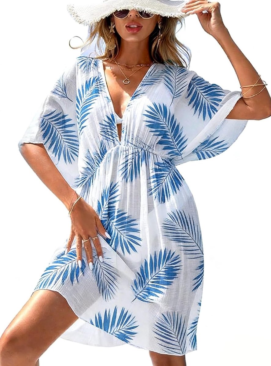 Strandjurk voor dames, bikini cover-up V-hals, katoen, strandtuniek, zomer, strand, mini-jurk