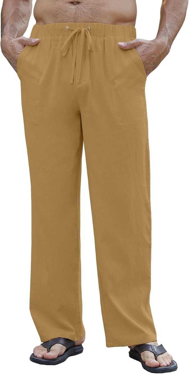 Katoenen linnen broek voor heren, lange zomerbroek, licht, casual, ademend, strandbroek, losse pasvorm, broek met elastische tailleband en vier zakken