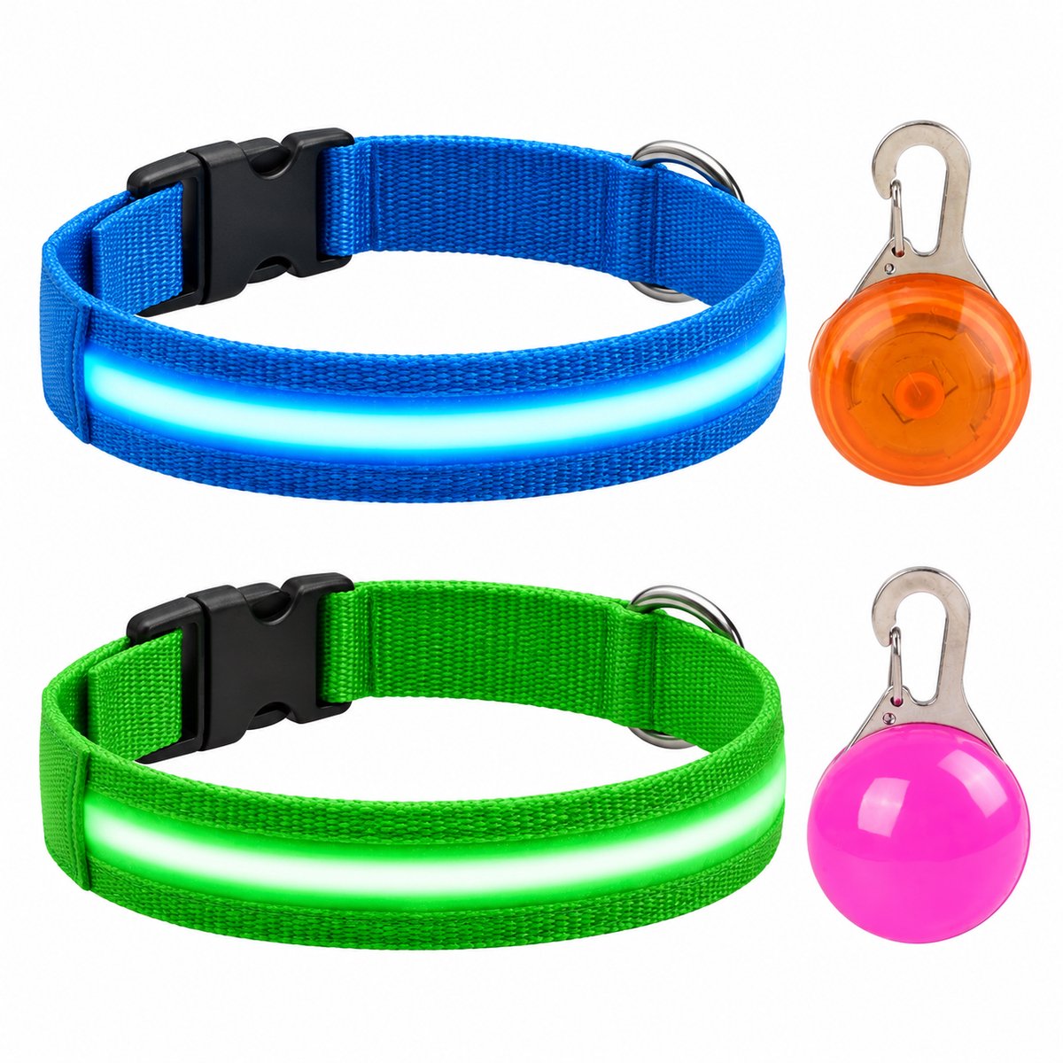 Professor Q LED Halsband Set Hond - Blauw/Groen S (34–41 cm) - 2 Halsbanden + 2 Lampjes - Nylon USB Oplaadbaar