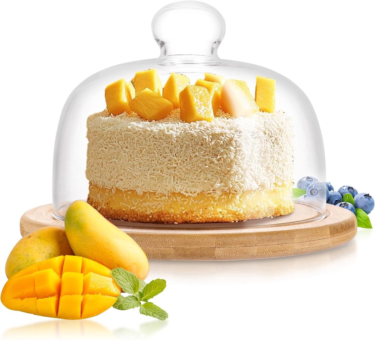 Glas met Houten Dienblad, Taartplateau met Deksel 18 cm, Glazen Stolp met Houten Bodem, Kaasplank en Taartstolp voor Cake, Kaas, Dessert, Fruit en Brood