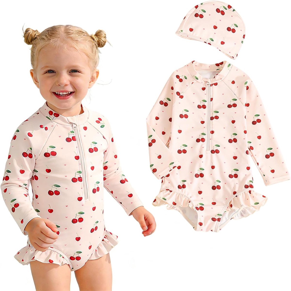 Babymeisjeszwempak met badmuts Babyzwempak met kersenprint en lange mouwen Peuterzwempak met zonbescherming en ritssluiting aan de voorkant Eendelig zwempak